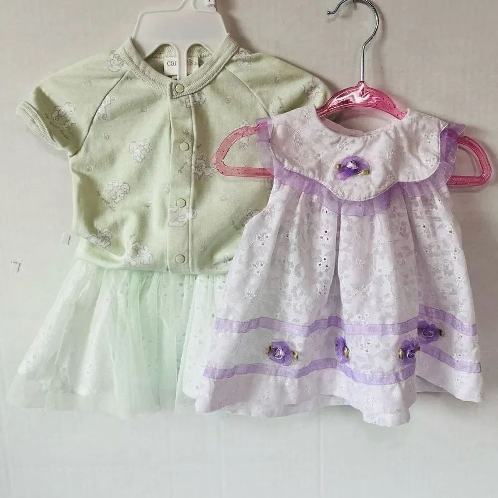 Girls Bundle~Green Top And Skirt, White Dress And Hat   Sz 0-6m   EUC